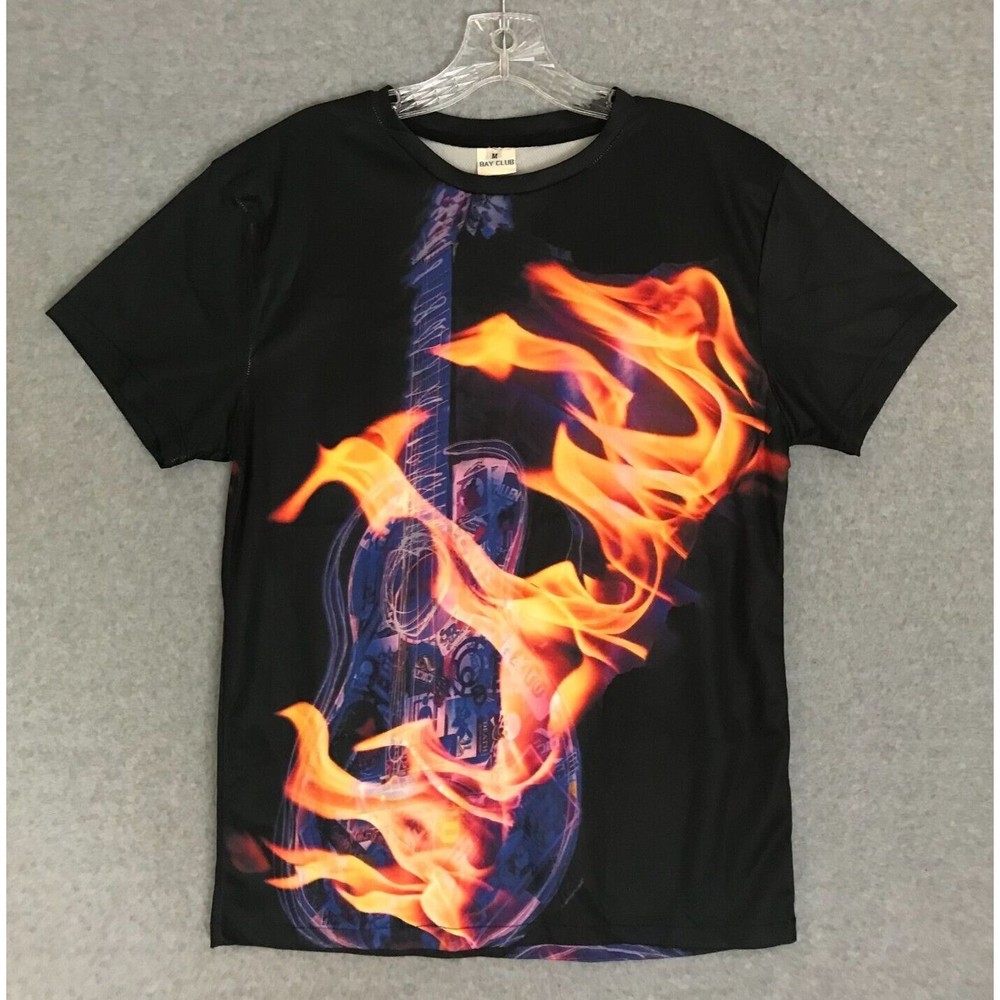 NEW!‎ Guitar on Fire Graphic Shirt Mens Medium All-Over-Print Tee Polyester